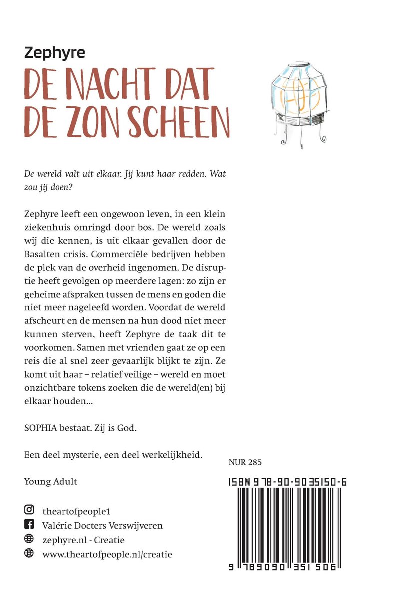 Boekomslag van 'De Nacht Dat De Zon Scheen' met de tekst "Zephyre", "DE NACHT DAT DE ZON SCHEEN". Een illustratie van een oranje zon en een kooi.