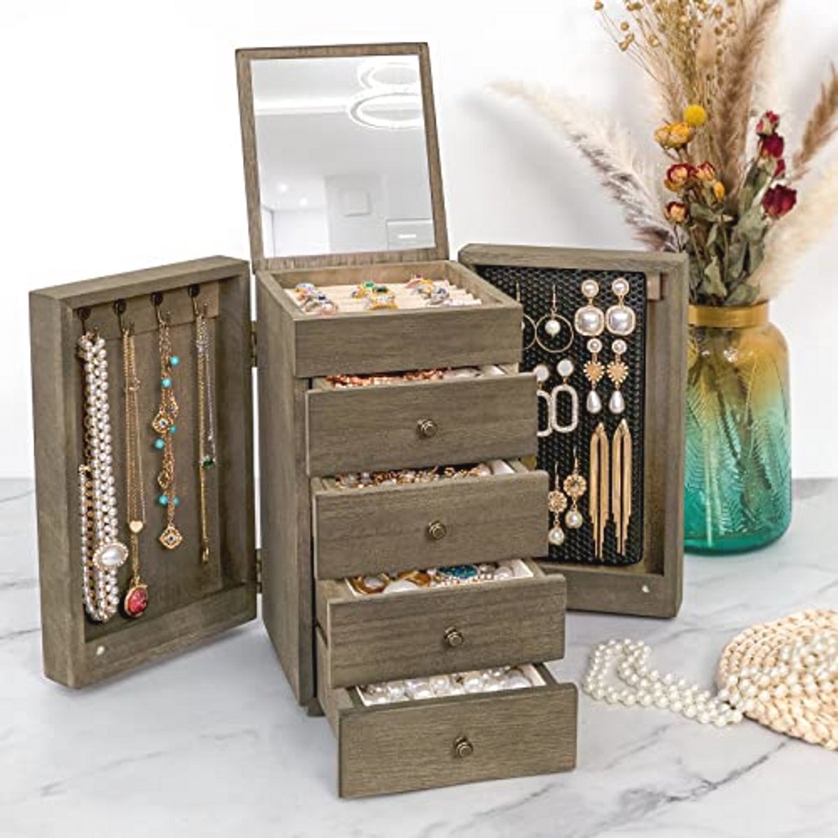 Grote Houten Sieraden Doos met Spiegel en Lades - 5-laagse Organizer in Verweerd Grijs