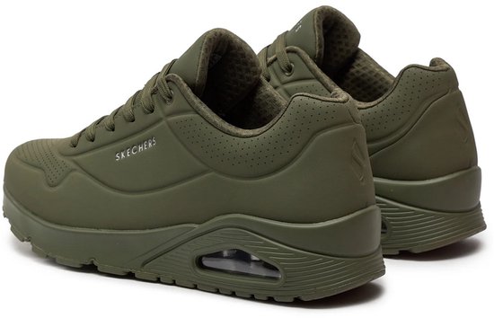 Baskets Skechers Uno vert olive, vues de dos, avec unité d'air dans la semelle.