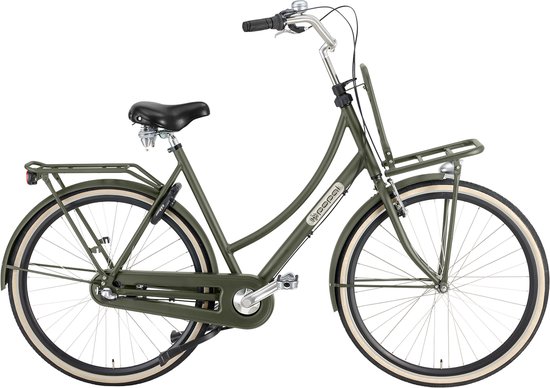 Leger groene Popal transportfiets voor dames met aluminium frame en bagagedrager.