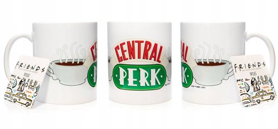 Witte mok met Central Perk logo en kopje koffie. De mok wordt geleverd met een kaartje met 'Friends The Television Series Mug'.
