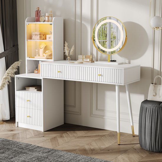 REXO Draaibare Kaptafel Met LED-Verlichting - Wit, 105 X 40 X 80 Cm, Bureau En Make-uptafel In één