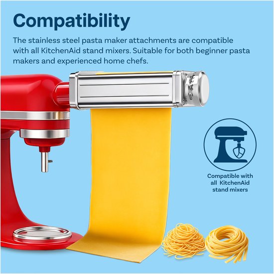 MMOBIEL Pasta Maker Attachment voor KitchenAid Staande Mixer 3-delig - Pasta Roller, Spaghetti Cutter & Fettuccine Cutter - Roestvrijstalen Accessoires - Mixer Accessoires voor KitchenAid van Merkloos — afbeelding 3