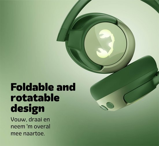 Groene, opvouwbare en draaibare koptelefoon met lichtgevend logo.