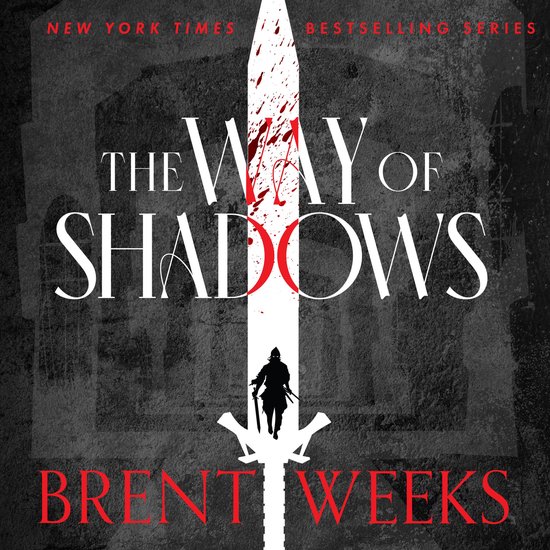Couverture du livre 'The Way of Shadows' par Brent Weeks. Une épée tachée de peinture rouge, avec la silhouette d'une figure dessus.