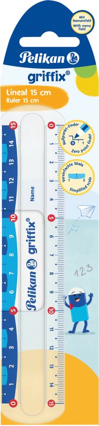 Verpakking met 15cm Pelikan griffix liniaal. Transparant met blauwe en rode cijfers. Met naamveld.
