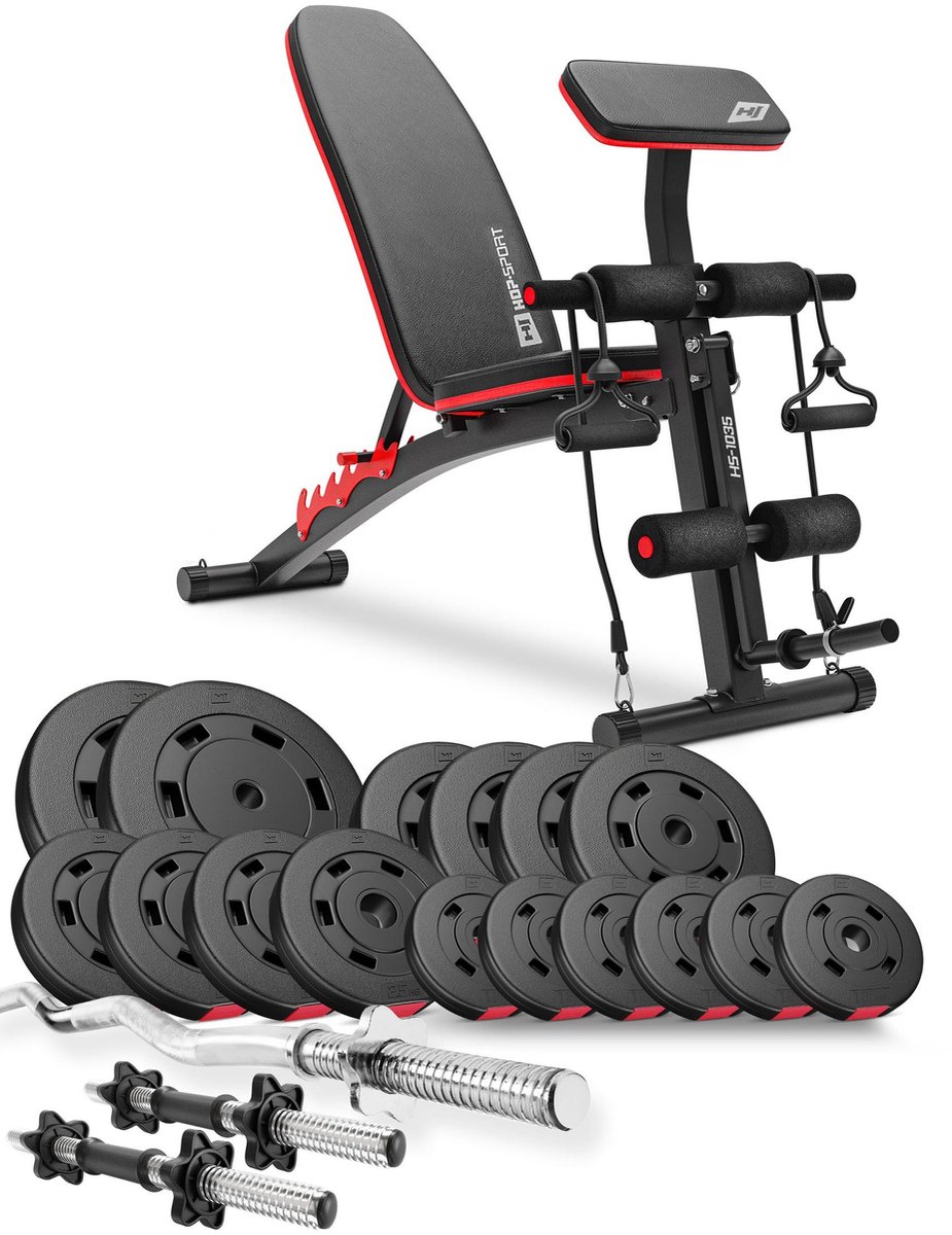 Hop-Sport HS-1035 – Halterbank set – Multifunctioneel schuin – 66 kg halterset – Met SZ-curlstang en korte halterstangen