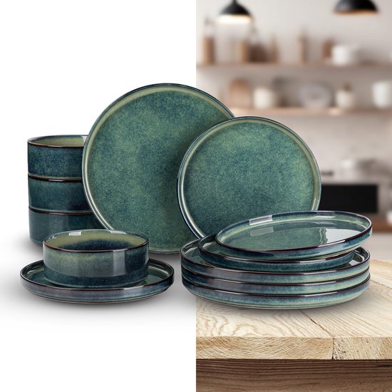 Service de table de Luxe – 12 pièces – 4 personnes – Céramique – Assiettes plates – Assiettes à dessert – Bols – Vert