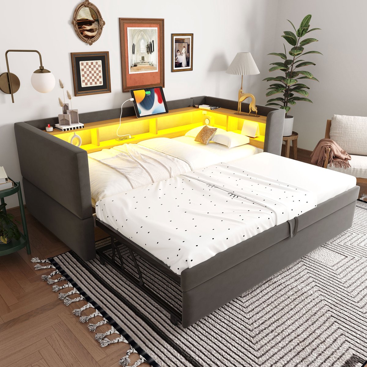 HAUSS SPOLE Gestoffeerd Bed 90/180x190 cm - Uitschuifbare Slaapbank Met LED - Met Opbergruimte - Flanel - Donkergrijs - Zonder matras