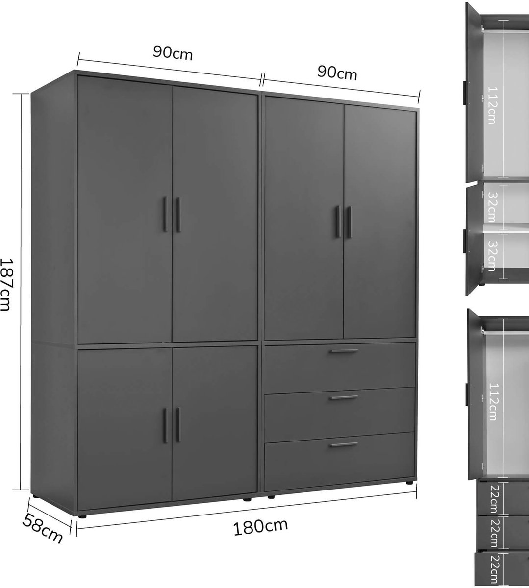 mokebo Kledingkast (180x187 cm) van hout in Wit 8 deuren & vakken 'Der Grenzenlose' modulaire & combineerbare slaapkamerkast, garderobekast, halkast, draaideurkast, kast Antraciet