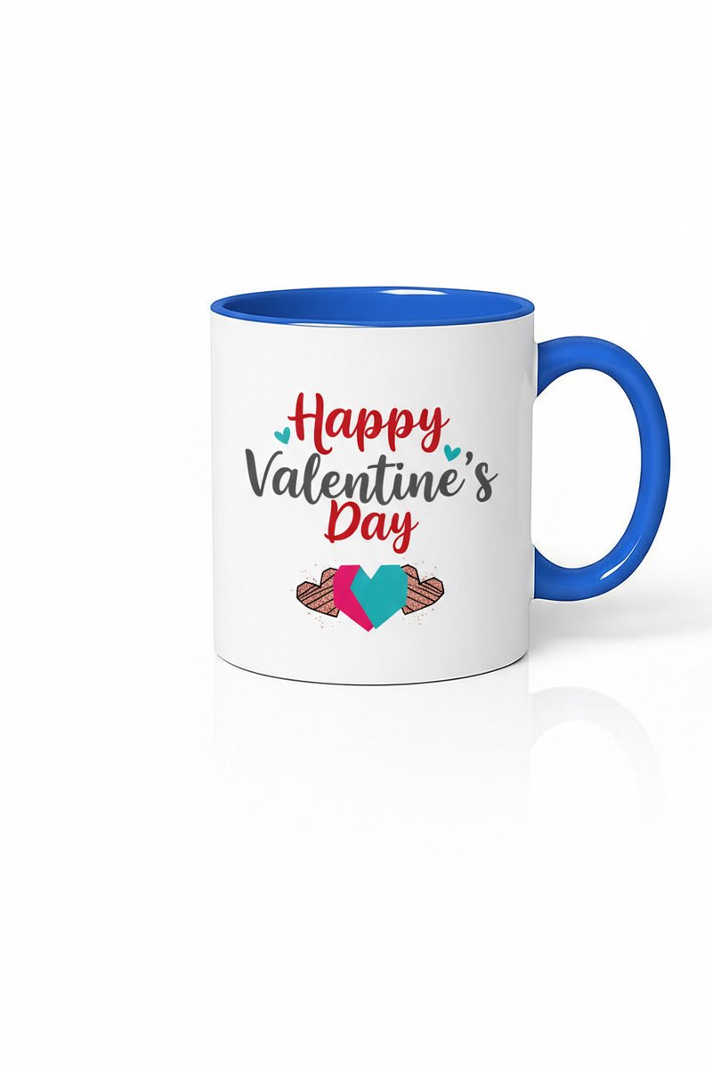 Valentijnsdag Mok 'Happy Valentine's Day' met Harten – Wit & Blauw Keramiek Cadeau