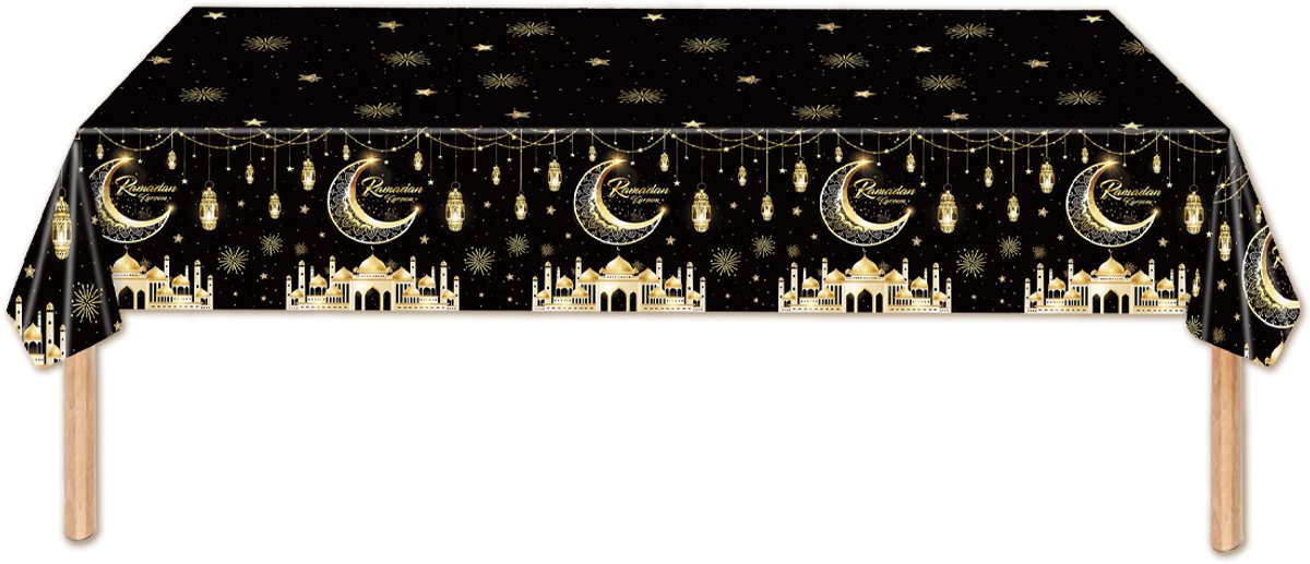 Q2P - Tafelkleed - Ramadan - Decoratie - Eid Mubarak - Tafellaken - Versiering - Zwart & Goud - 137*274 Cm