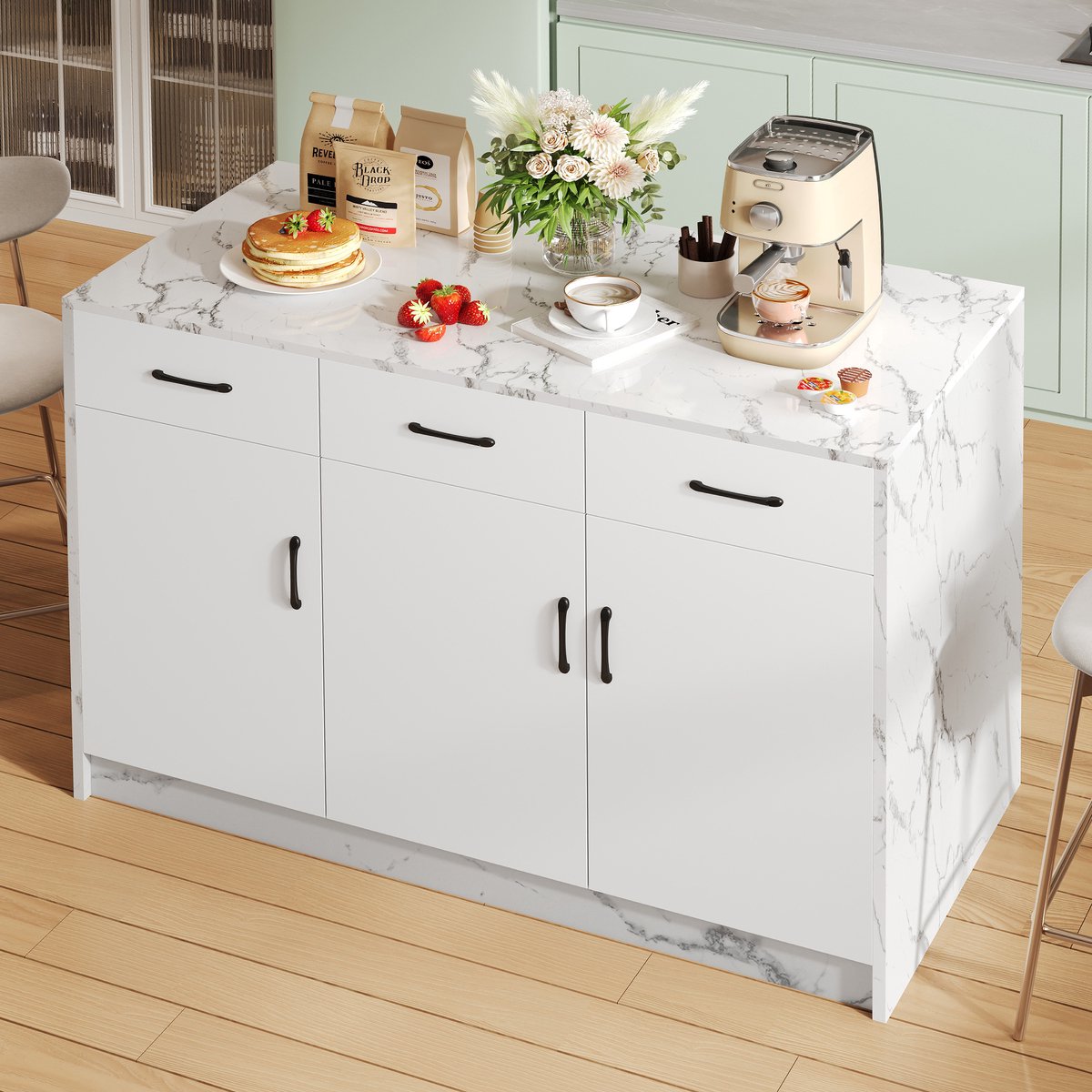 STILVORA Keukeneiland – Wit Marmerdesign Met Ingebouwd Bargebied En Zitruimte – 3 Lades En 3 Deuren – MDF Werkblad – 120x60x90.5 Cm – Wit