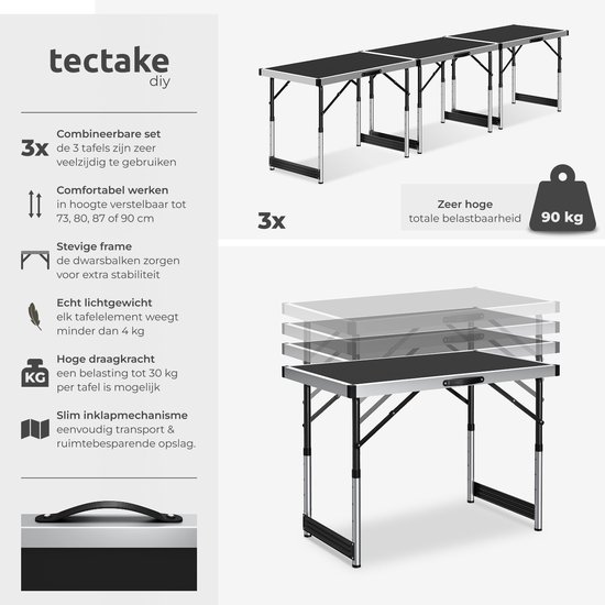 tectake® Aluminium Behangtafel - 3 Stuks - 100 x 60 cm - MDF-panelen - Inklapbare Behang Tafel - Ook te gebruiken als Campingtafel, Partytafel, Rommelmarkttafel, Werktafel - Vouwtafel - Klaptafel - Zwart van TecTake — afbeelding 2
