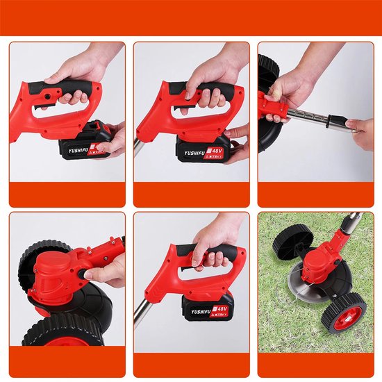 Homtas 3-in-1 Kantenmaaier - Grastrimmer - Bosmaaier - Grasmaaier - Draadloos & Elektrisch - Incl. 2 Accu ‘s & Snellader - met wielen -rood — afbeelding 4