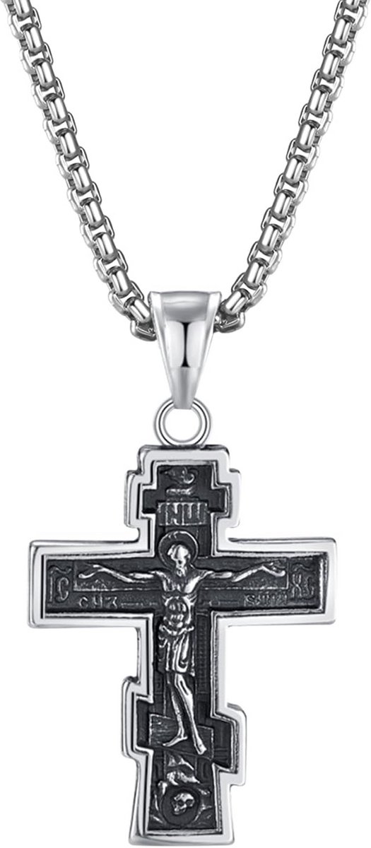 Herenkruisketting Roestvrij Staal Orthodox Kruisbeeld Hanger Siberisch Kruis 60cm