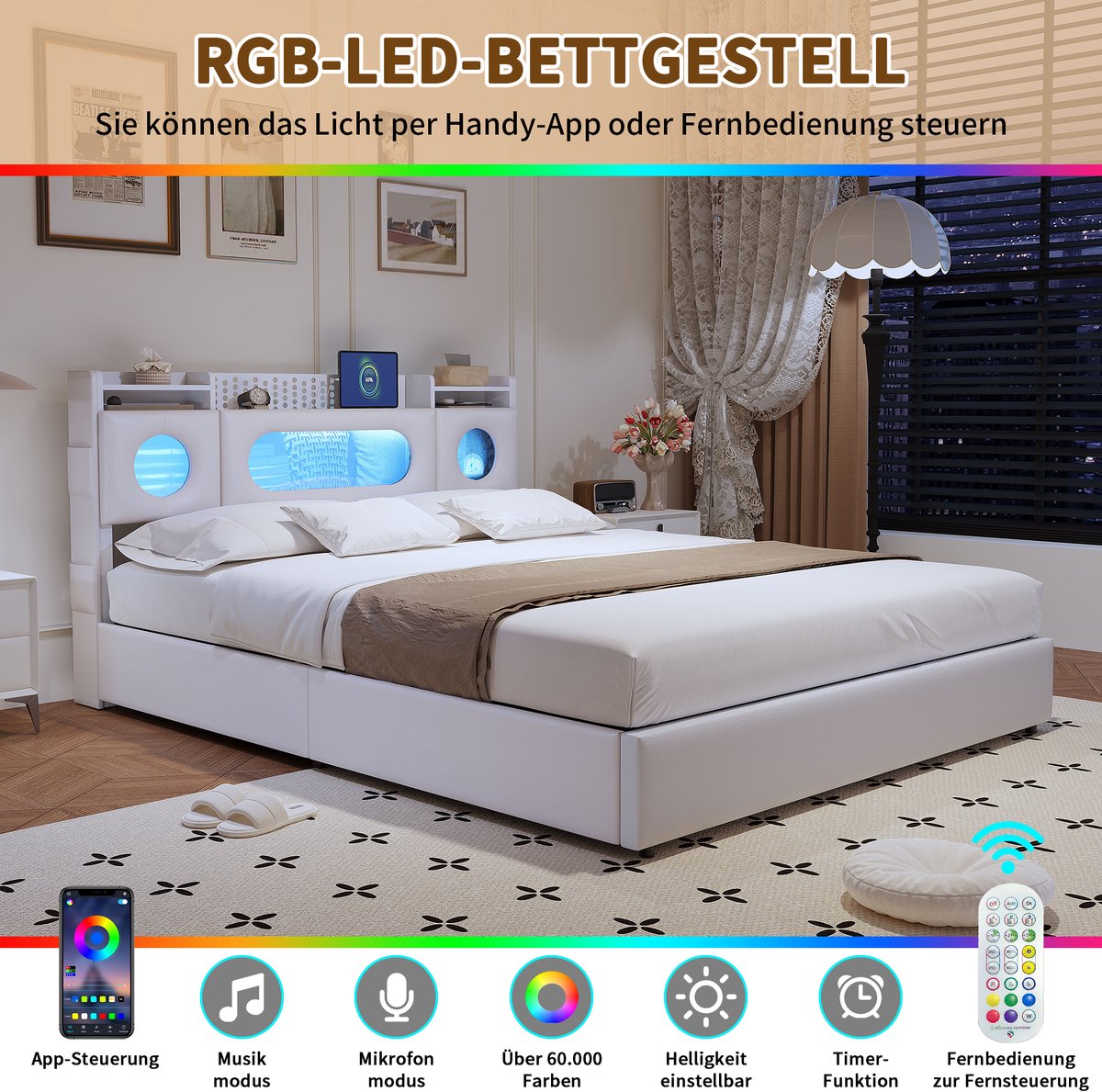 Opbergbed 160x200 cm, Tweepersoonsbed met RGB-LED Verlichting, USB/Type-C Opladers, Opbergkopftil & Onderbedruimte, voor Volwassenen en Tieners, PU Wit