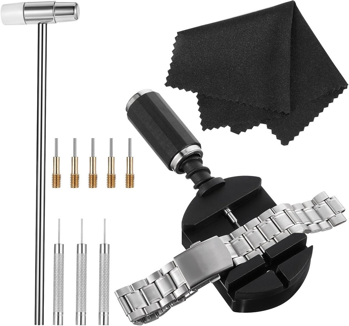 Horlogereparatiegereedschapset - horlogeband aanpassen - bandverwijdering - inkorten - regelaars - stekkers - hamers - gereedschap - 11 stuks - geschikt voor horloges - diverse kleuren