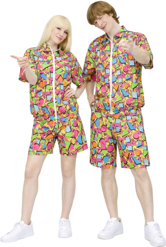 Joya Party® Retro Trainingspak Volwassenen Kort | Carnavalskleding Heren & Dames | Verkleedkleren Man Vrouw | Jaren 80 & 90 Print | Unisex Oversized | Verkleedpak | Korte Mouwen & Korte Broek | Carnaval & Foute Party | Maat M/L