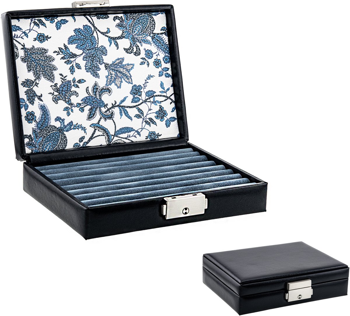 Cavill - Elegante Sieradenkoffer Leer - Compact 15,5x12,5x3,5 cm - Blauw Bloemmotief - Sieraden Koffer Reiskoffer Ringendoos - Luxe Organizer