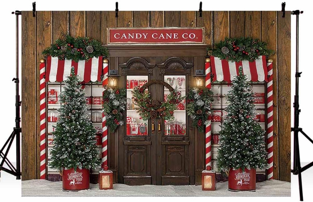 7x5ft Kerst Fotografie Achtergrond Houten Deur met Krans en Cadeaus