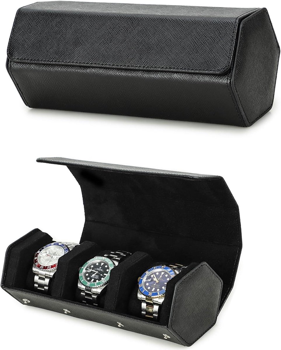 Horlogekoker - leren draagtas - reisaccessoire - zwart - beschermende opbergdoos - horlogebox - zeshoekig design - geschikt voor 3 horloges - fashion accessoire