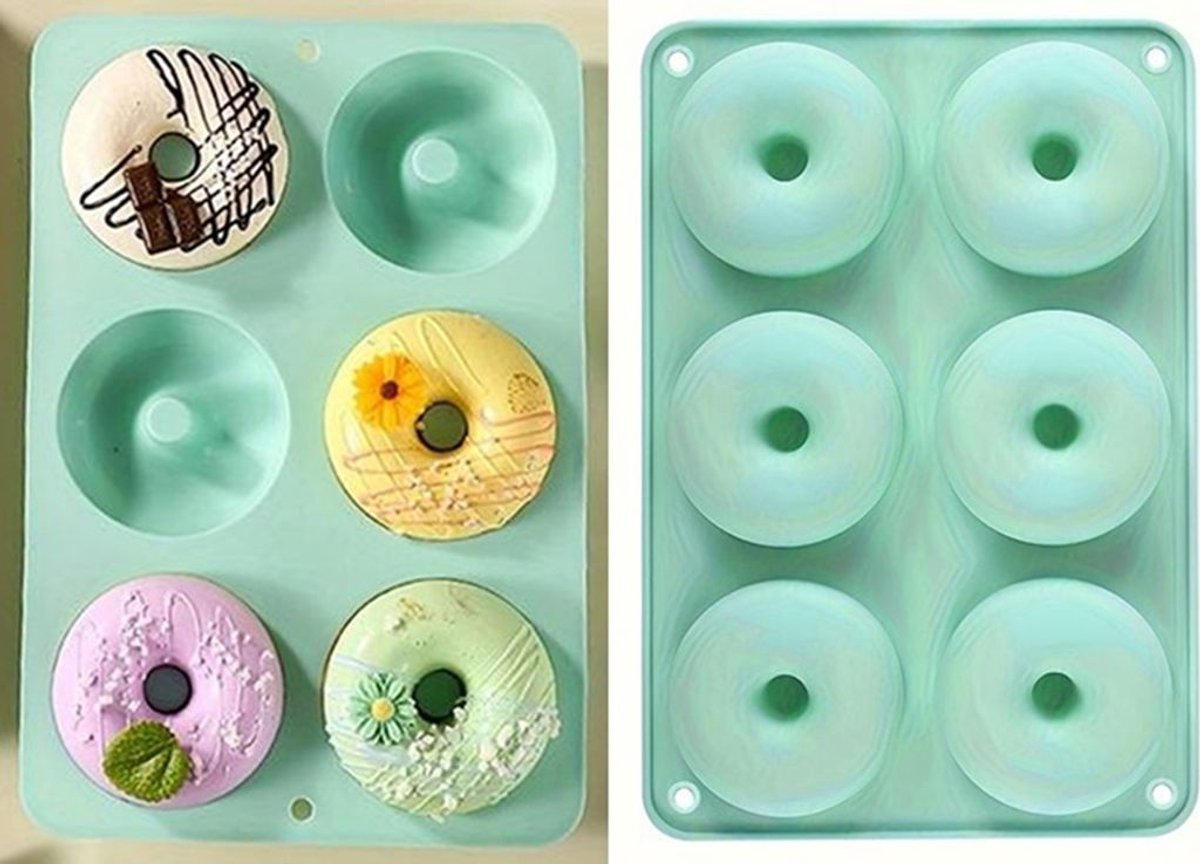 Extra grote siliconen donutbakvorm van 6 kopjes, goed voor 6 donuts.