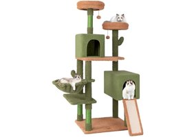 Krabpaal cactus – 160 cm – Met platforms, ladder, mand, sisalpalen & 2 holletjes – Groen/bruin