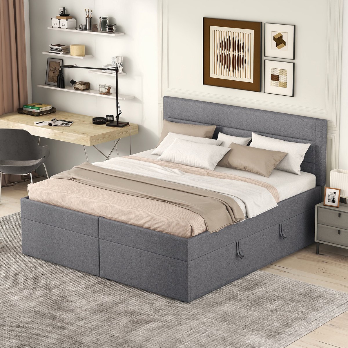 HAUSS SPOLE Gestoffeerd Bed 140x200cm - Tweepersoonsbed met Hefbare Lattenbodem en Groot Opbergvak - Massief Hout + MDF - Zonder matras - Grijs