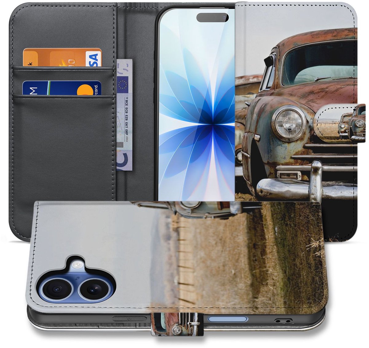 Apple iPhone 17 Portemonnee Hoesje Vintage Auto 3 Pasjes TPU