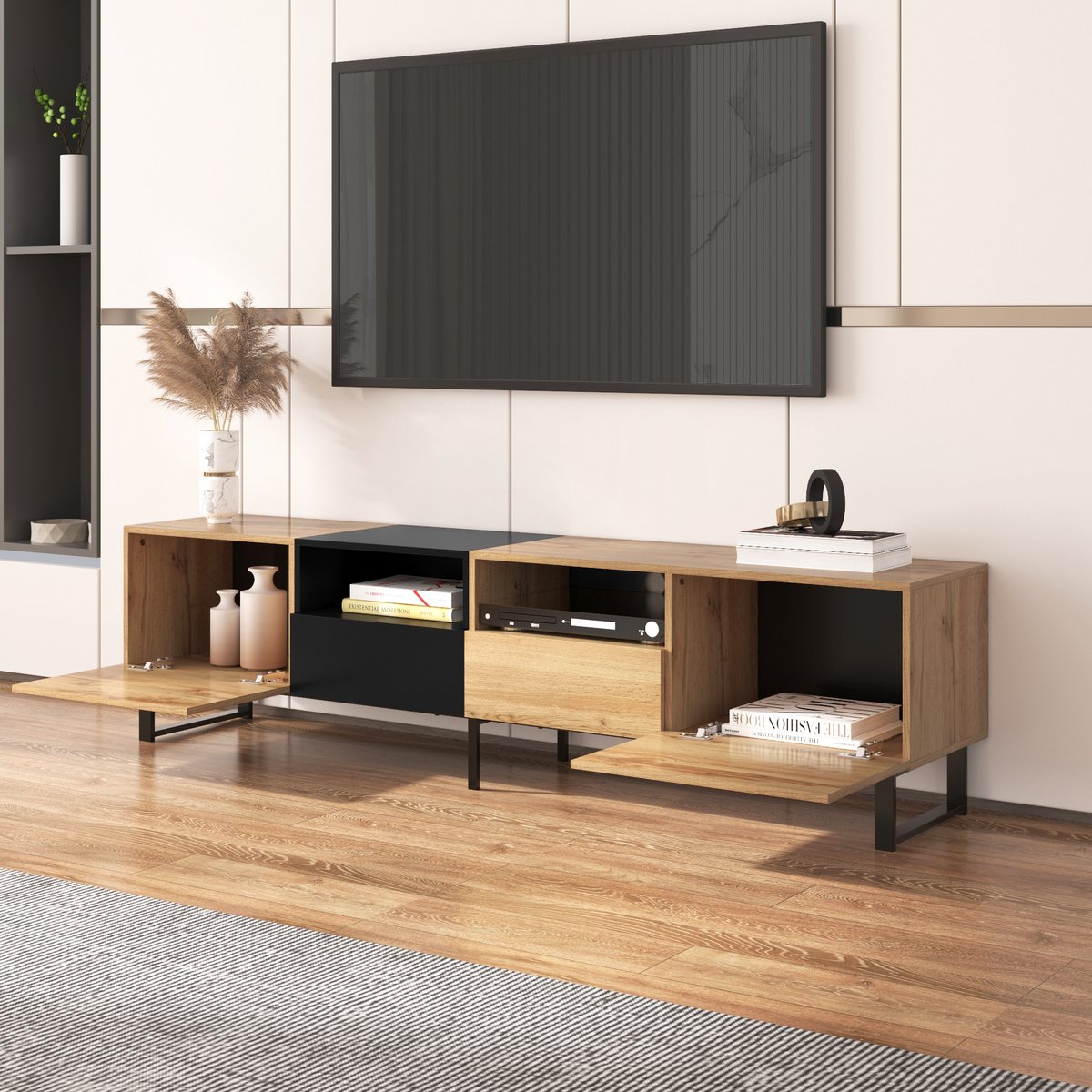 REDOM TV-meubel - MDF - met lades - 190*38*48 - Schwarze Mousse-Spleiße / Natural Wood Natuurlijk hout