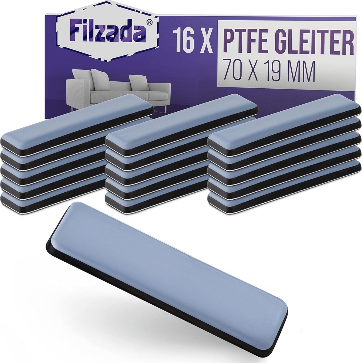 16x Teflon meubelglijders 70 x 19 mm - professionele zelfklevende glijders voor tapijt