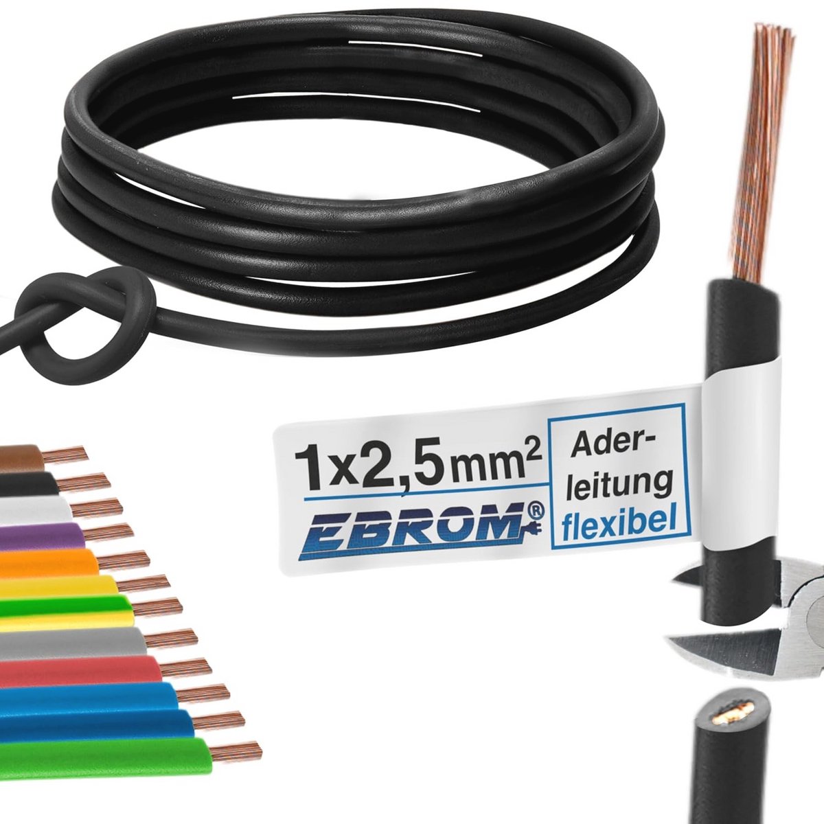 Flexibele PVC kabel 2,5 mm² - zwarte aders - H07V-K - beschikbare lengtes tot 20m