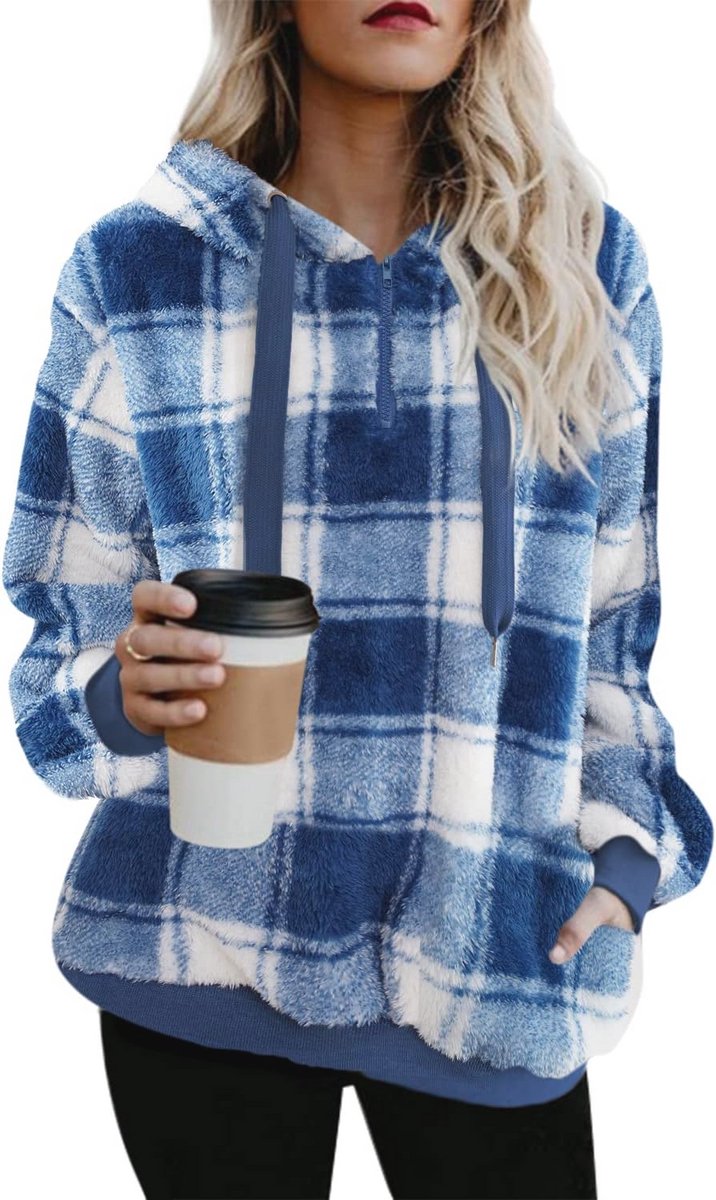 Oversized Sherpa Pullover Hoodie met Zakken - Zachte Fleece Sweatshirt en Fluffy Jacket (Blauw Ruit) XL