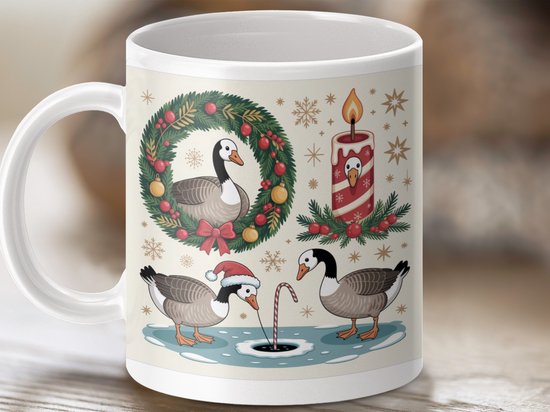 Mok Merry Christmas Ganzen op ijs, Kerst mok, Feestdag mok, Kerst decor mok, kerstcadeau ideeën
