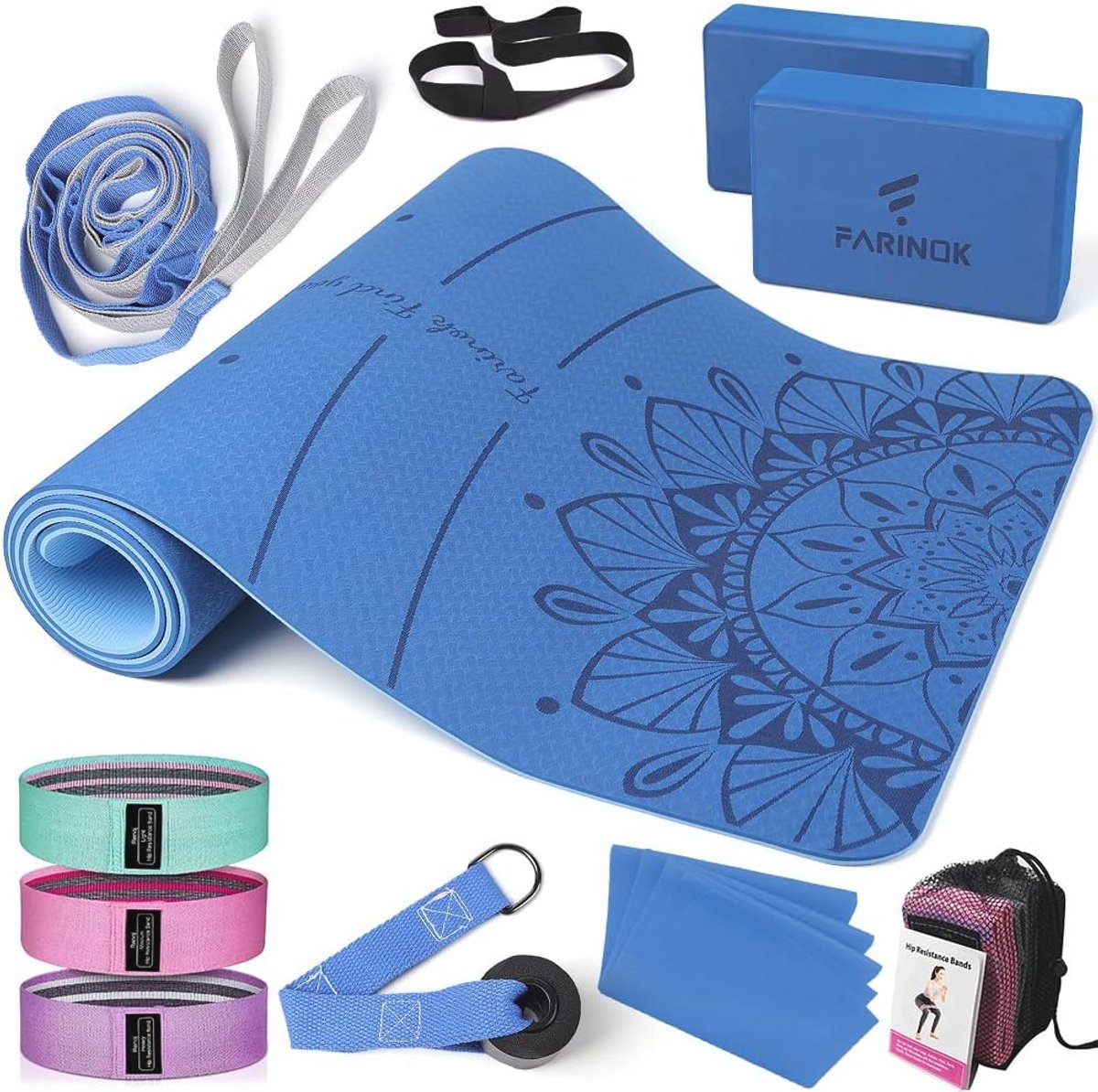 Dikke Yogamat Set voor Beginners met Yogablokken, Weerstandsbanden en Accessoires