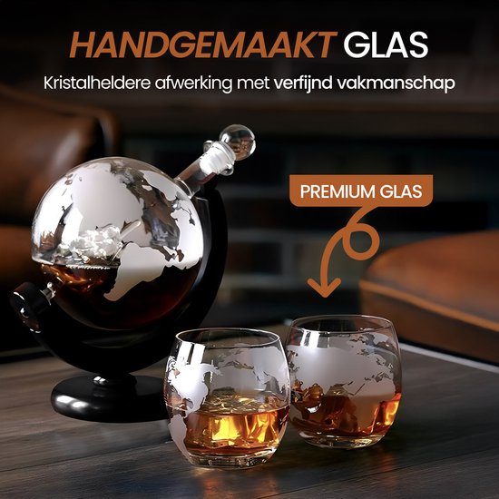 Coffret cadeau Golermo Globe à whisky de Luxe – Carafe + 2 Verres à whisky + 9 pierres rafraîchissantes + support en bois – Coffret cadeau