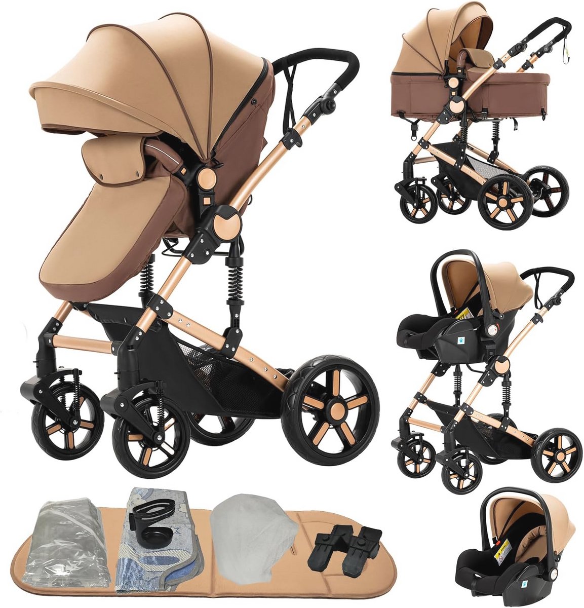 3-in-1 combi-kinderwagen met hoge landschap en liggende buggy - Opvouwbare kinderwagen voor baby's