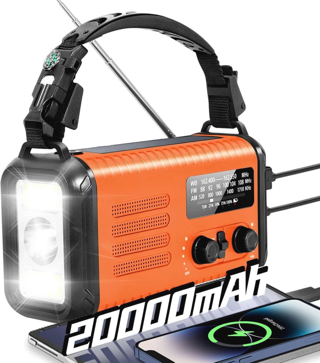 Handzwengel Weerradio met Zonne-energie en Oplaadbare Batterij - 20000mAh, Ideaal voor Noodgevallen