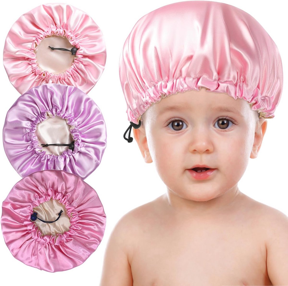 Satijnen Slaapmutsen Set van 3 - Verstelbare Nachtmutsen voor Natuurlijk Haar - Omkeerbare Bloemennachtpetten voor Tieners, Peuters, Kinderen en Baby's - Roze en Paars