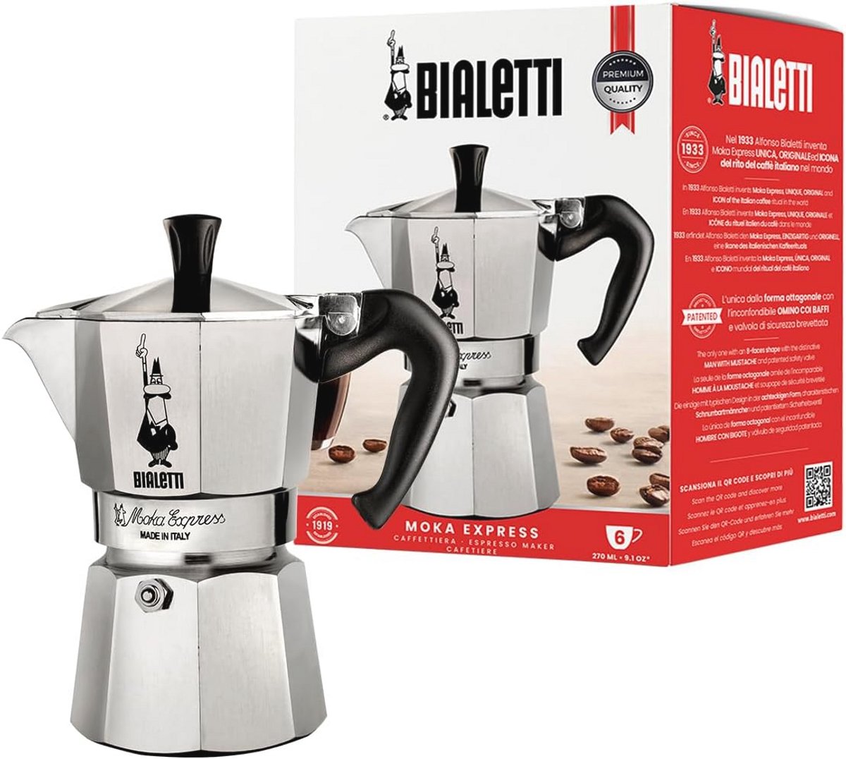 Moka Express Espressomachine voor 6 Kopjes - Aluminium en Grijze Afwerking