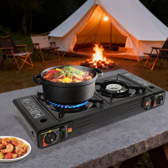 ShaSha Gaspit - Kookpit/kookstel - 2in1 2-pits draagbare kampeerkachel - Kookpit gas met bakvorm en draagtas - Noodpakket - Automatische ontsteking - 2500 W - Zwart — afbeelding 2