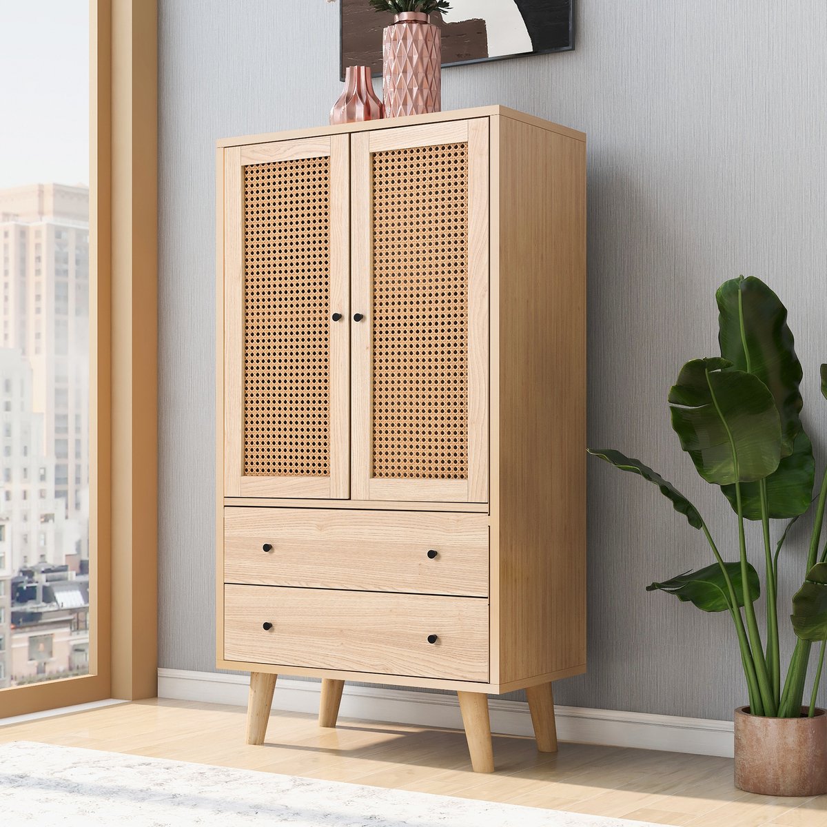 REDOM Dressoir Oak – Sideboard 120×40×60 cm, 2 deuren & 2 lades, rattan deurpanelen en massief grenen poten, veel opbergruimte Eik