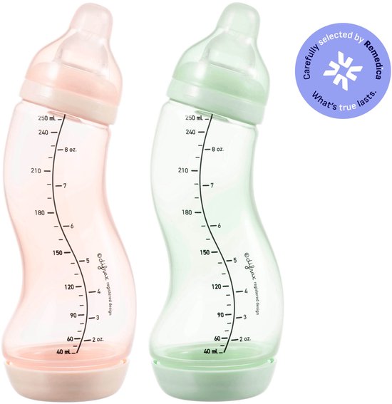 Difrax Babyfles Natural - 250 ml - Roze/Lichtgroen - 2 Stuks - S-fles - Anti Koliek