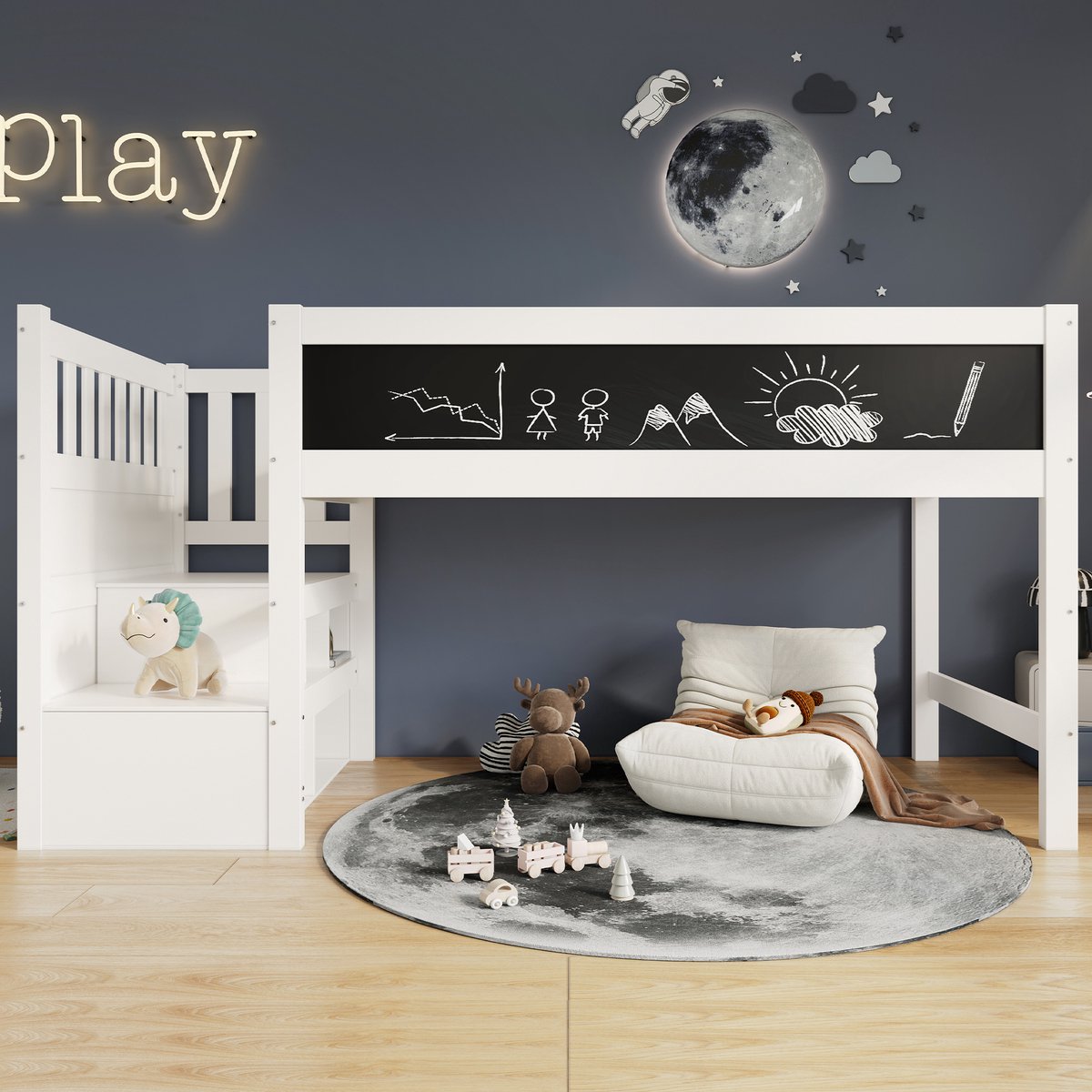 Merax Halfhoogslaper 90 x 200 cm - kinderbed met whiteboard en schoolbord - opbergruimte en veiligheidsrail - wit - zonder matras