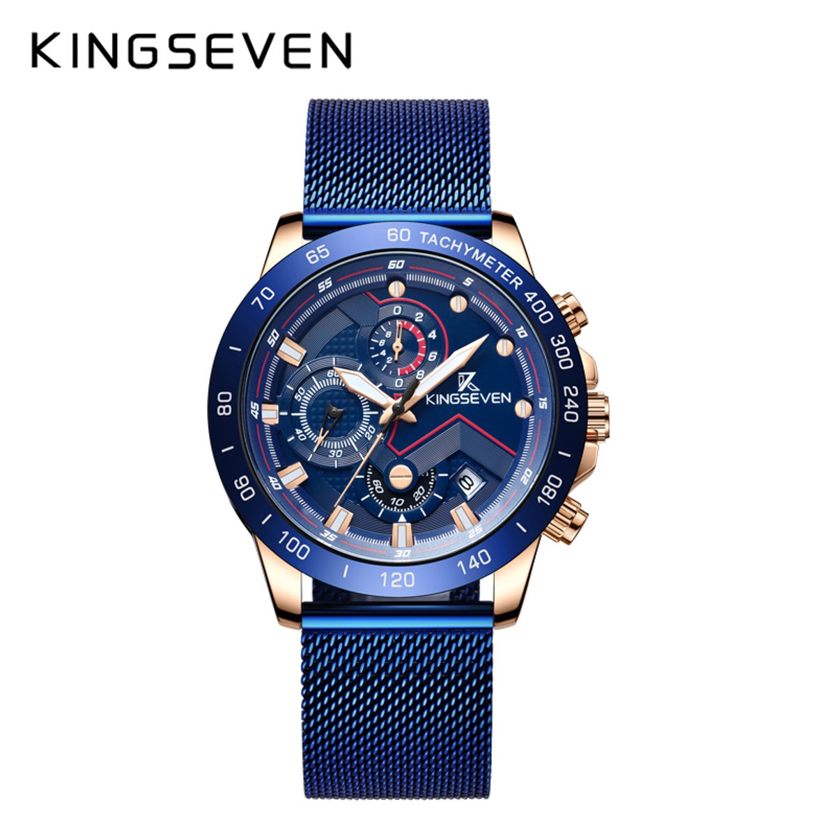 KINGSEVEN Herenhorloge - Blauw-Rosekleurig - Milanese Band - Quartz - Chronograaf - Waterbestendig - Luxe Elegant Design