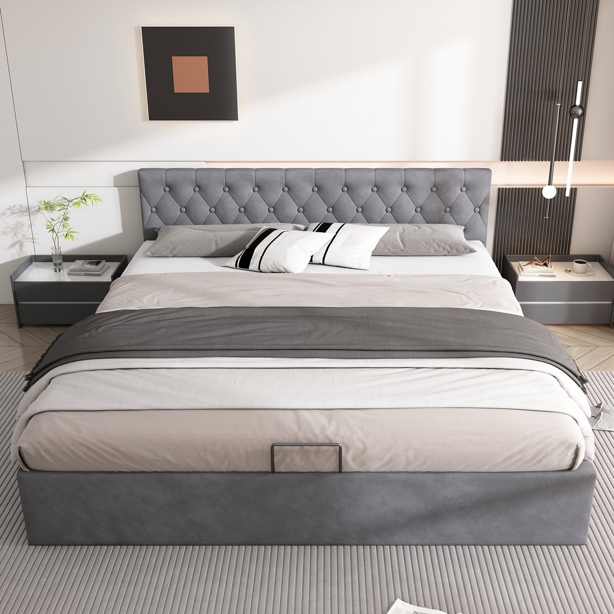 MODFU Gestoffeerd bed 180x200 cm – Grijs fluweel – Geknopt hoofdbord – Hydraulische opbergruimte