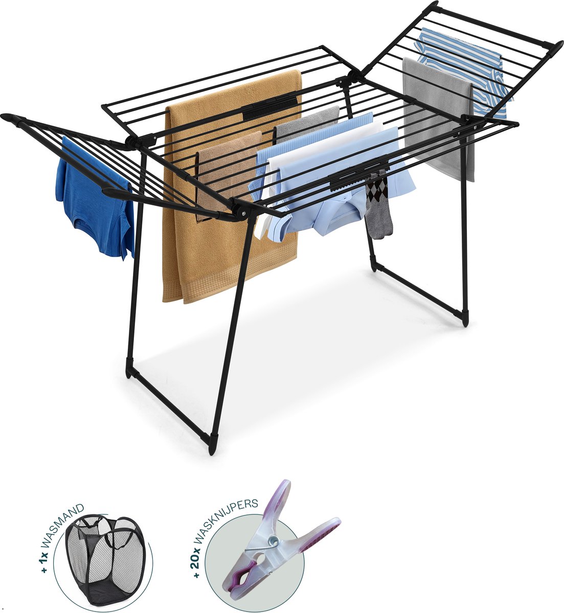 BAUER & MEYER® Droogrek Classic - Wasrek Inklapbaar - Incl. 20 wasknijpers + 1x wasmand - 25 Meter drooglengte + 30kg draagkracht - Zwart
