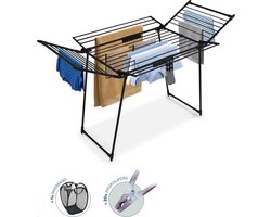BAUER & MEYER® Droogrek Classic - Wasrek Inklapbaar - Incl. 20 wasknijpers + 1x wasmand - 25 Meter drooglengte + 30kg draagkracht - Zwart