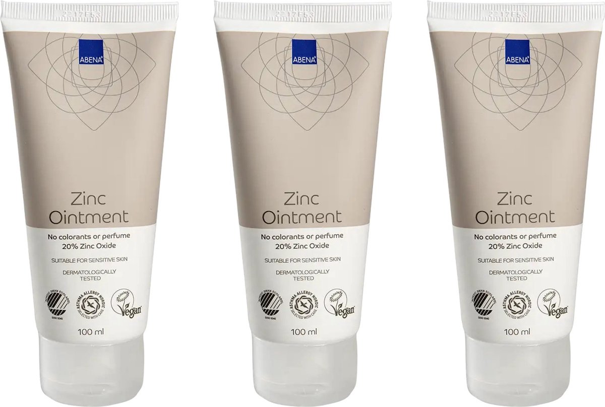 Abena Zinkzalf Voordeelverpakking - Ongeparfumeerd - 3 x 100 ml - 20% Zinkoxide - Zinkzalf Tube voor Volwassenen - Vegan